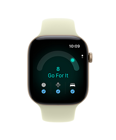 Apple Watch Series 12, aluminium case, light gold colour, Ready app with readiness score 8, Sport Band, pale succulent colour (light yellow-green)