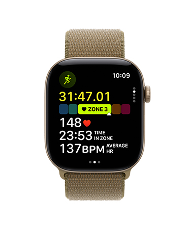Apple Watch Series 11, aluminium case, polished jet black colour, Outdoor Run workout open, heart rate in Heart Zone 3, right side exterior: Digital Crown, black Sport Band