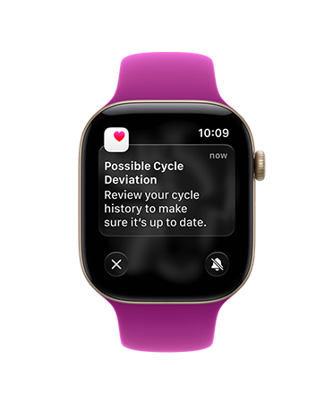 Apple Watch Series 12, aluminium case, light gold colour, possible cycle deviation notification, Sport Band, magenta colour
