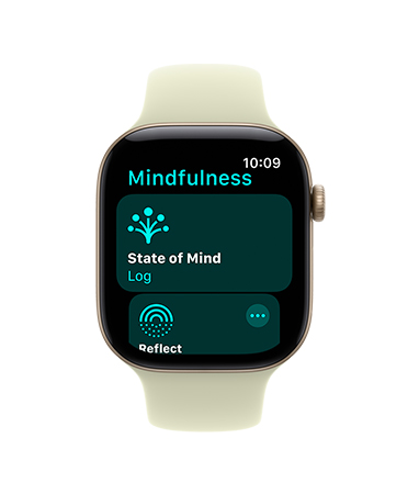 Apple Watch Series 11, aluminium case, rose gold colour, Mindfulness app open, right side: Digital Crown, light blush Sport Band