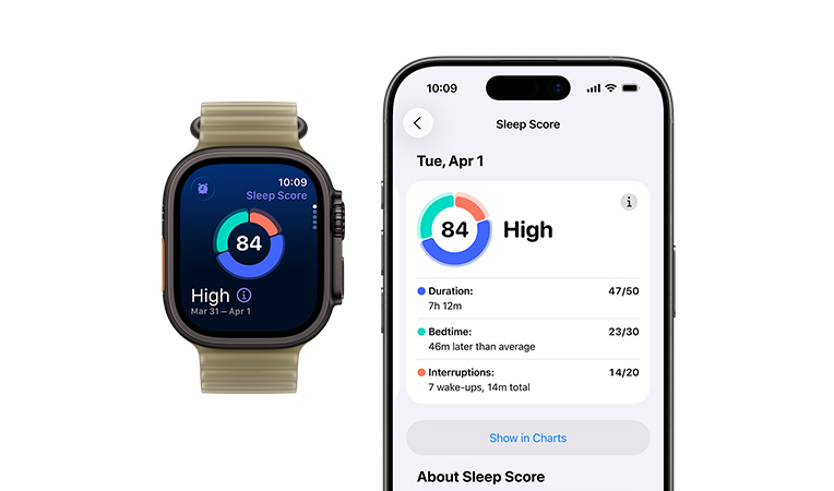 Apple Watch Ultra 3, titanium case, black colour, sleep score circle graph and rating, left side exterior, Action button, right side exterior, Digital Crown, side button, Ocean Band, black colour, full sleep analysis open on paired iPhone