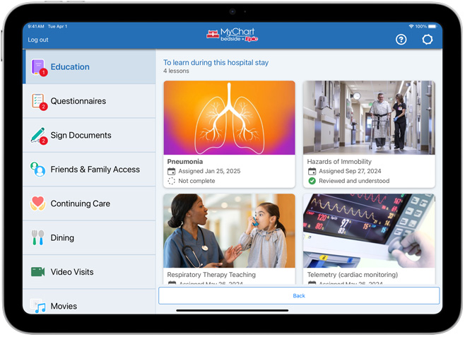 Software mostrando o app Epic MyChart Bedside