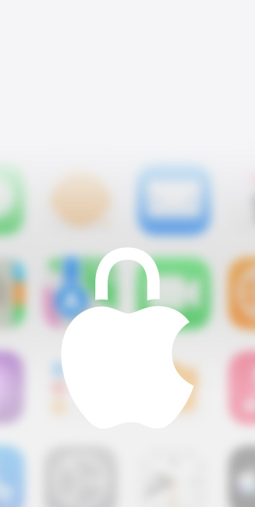 Logo de confidentialité Apple avec une icône de cadenas, blanc sur un fond flouté d’applications d’écran d’accueil