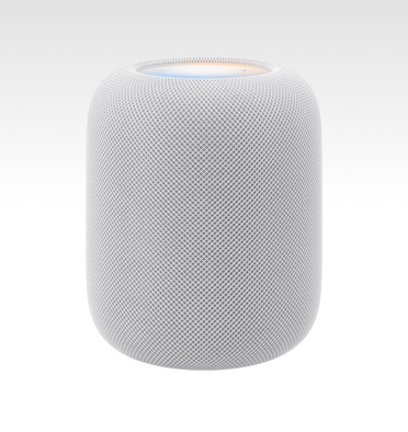 HomePod 2ᵉ génération, couleur blanche, avec écran supérieur lumineux