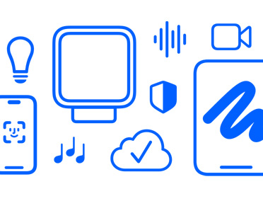 Blue line-art illustration of Apple HomeView, with icons representing smart home, privacy, music, FaceTime, and cloud storage features