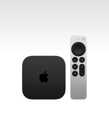 Apple TV 4K, black colour, top exterior, shown with Siri Remote, silver colour