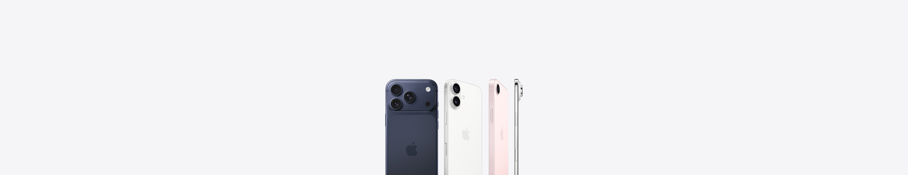 iPhone 17 Pro, back exterior, deep blue colour, Pro Fusion camera system in top left corner, Apple logo in centre, iPhone 17, back exterior, white colour, Dual Fusion camera system in top left corner, Apple logo in centre, iPhone 17e, back exterior, soft pink colour, Fusion camera system in top left corner, Apple logo in centre, iPhone Air, side, titanium frame profile, Fusion camera system in top left corner