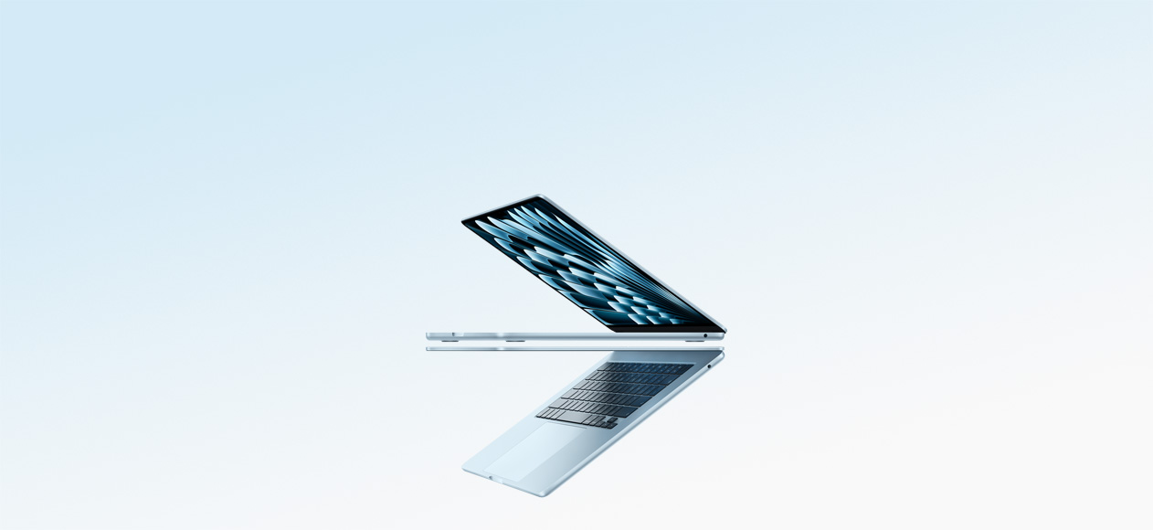 Two open MacBook Air laptops in sky blue colour forming arrow shape, emphasising narrow profile