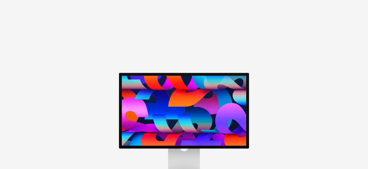 Studio Display with colourful ribbon-like wallpaper
