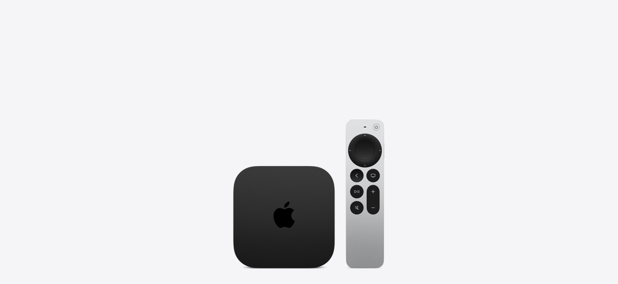 Apple TV 4K, parte delantera, color negro, forma cuadrada, logo de Apple en la parte superior, esquinas redondeadas. mando Siri Remote, parte delantera, clickpad táctil circular, botones elevados