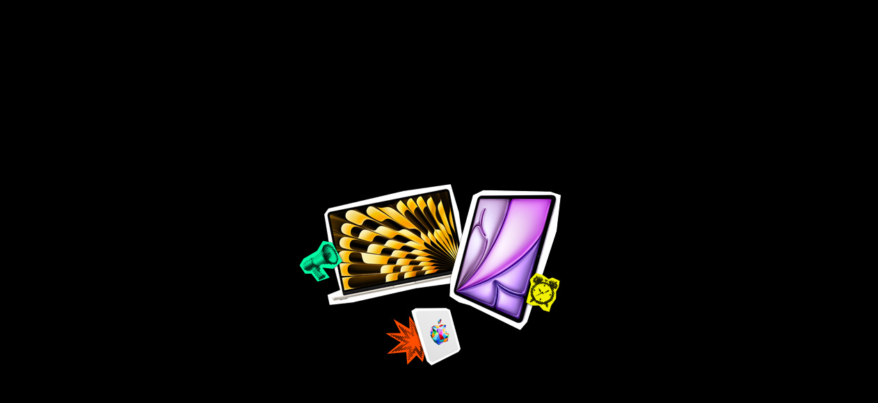 MacBook, muestra un diseño de abanico en negro y dorado en la pantalla, sticker de un emoji de megáfono verde, iPad en púrpura, Apple Gift Card, rectangular, logo de Apple a todo color en el centro, sticker de un emoji de un reloj amarillo