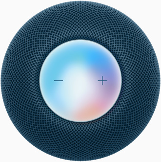 Blue HomePod mini from a top view with plus and minus volume controls and a colourful display under them.