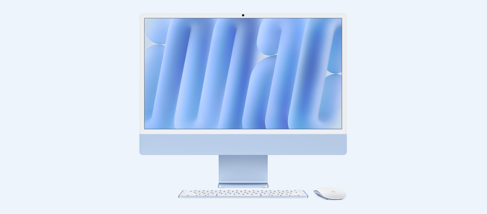 Sinine iMac eestvaates koos sama värvi hiire ja klaviatuuriga