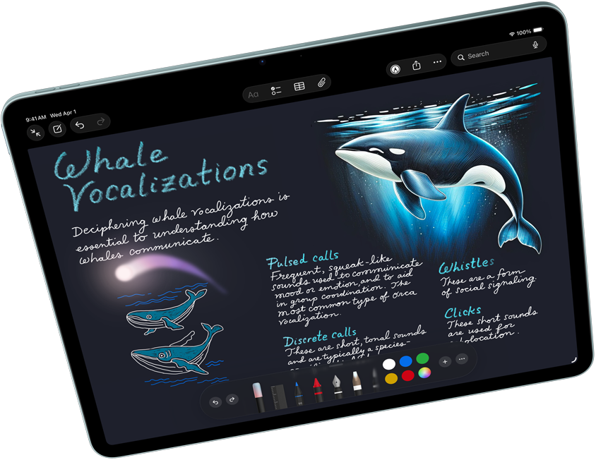 橫向的 iPad Air，開啟備忘錄 app 使用影像魔術棒，以展示 Apple Intelligence；另有一支 Apple Pencil Pro