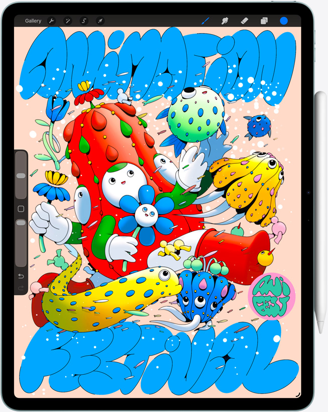 iPad Air, esivaade, ekraanil Procreate rakendus, värvikas digitaalne illustratsioon erinevate tegelaste ja objektidega, Apple Pencil Pro