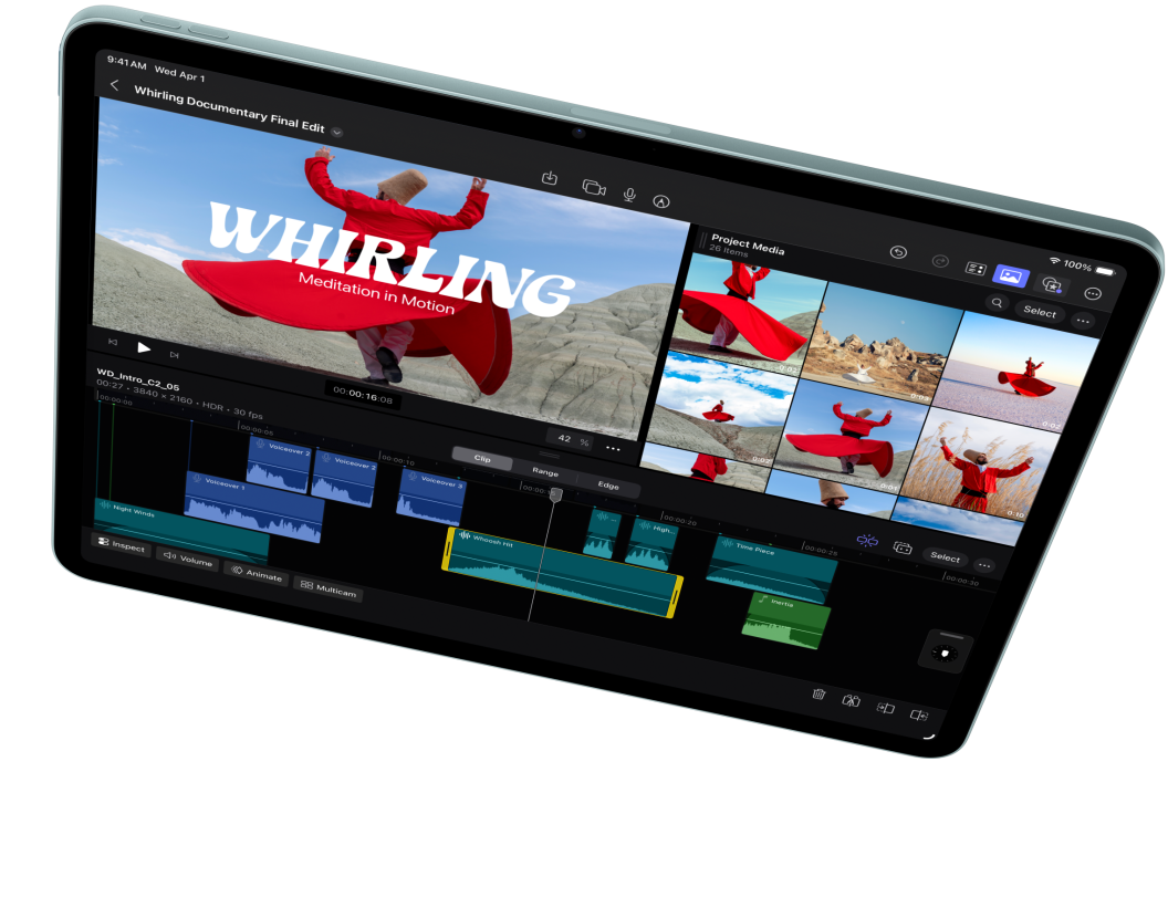 Horsiontaalpaigutuses iPad Air, millel tutvustatakse videotöötlust Final Cut Pros
