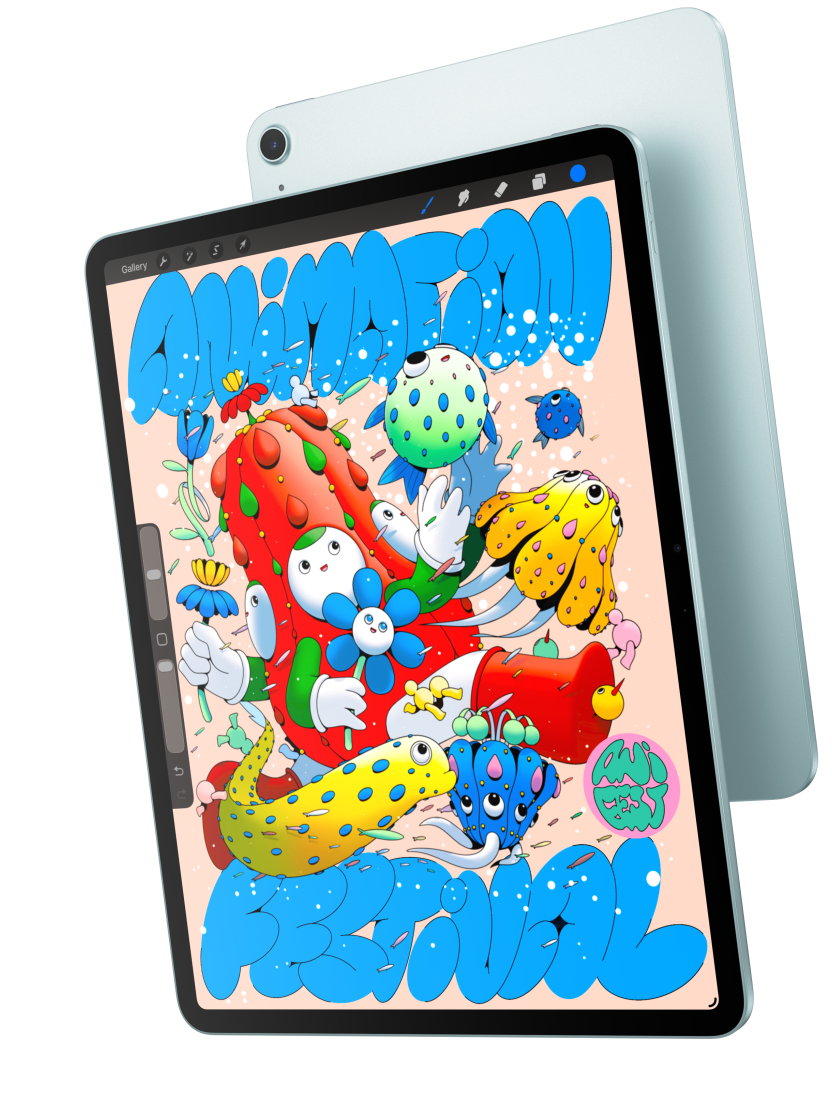 Esikülg, 13-tolline iPad Air, millel näidatakse rakendust Procreate, ja mis kattub sinise iPad Airi tagaküljega