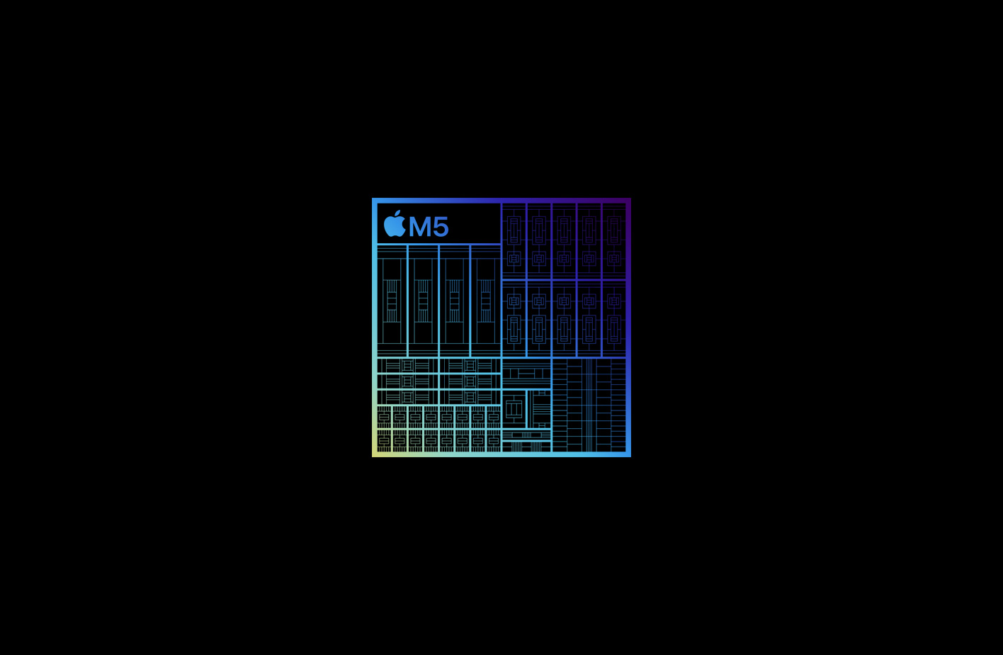 Vue agrandie de l’architecture de la puce M5, avec les couleurs vert, bleu et mauve, les circuits complexes, les différents composants et connecteurs