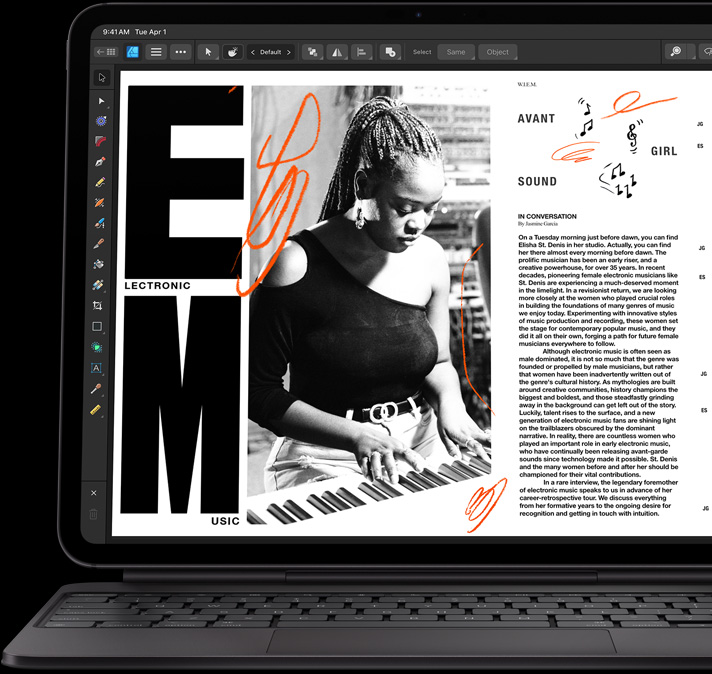 iPad Pro, front exterior, landscape orientation, space black color, attached to Magic Keyboard, open, front exterior, landscape orientation, black color, iPad Pro display showing an article being edited