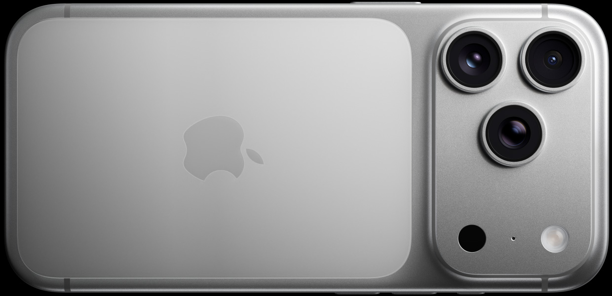 iPhone 17 Pro, hõbe, tagakülg, Pro-kaamerasüsteem, kolm objektiivi, mikrofon, välk