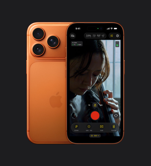 iPhone 17 Pro ekraanil näidatakse tšellot mängiva naise salvestamise ajal ProRes RAW funktsiooni