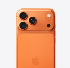 iPhone 17 Pro, face arrière, coloris orange cosmique, système caméra Pro Fusion dans un plateau au sommet