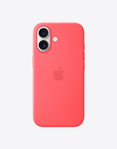 „iPhone 17“, nugarėlė su Bright Guava silikoniniu dėklu, „Dual Fusion“ kamerų sistema viršutiniame kairiajame kampe, „Apple“ logotipas per vidurį