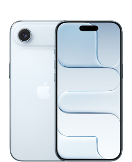„iPhone Air“, nugarėlė, dangaus žydrumo spalvos, „Fusion“ kameros sistema viršuje, centre „Apple“ logotipas, priekis, dangaus žydrumo spalvos, „Dynamic Island“ centre viršuje