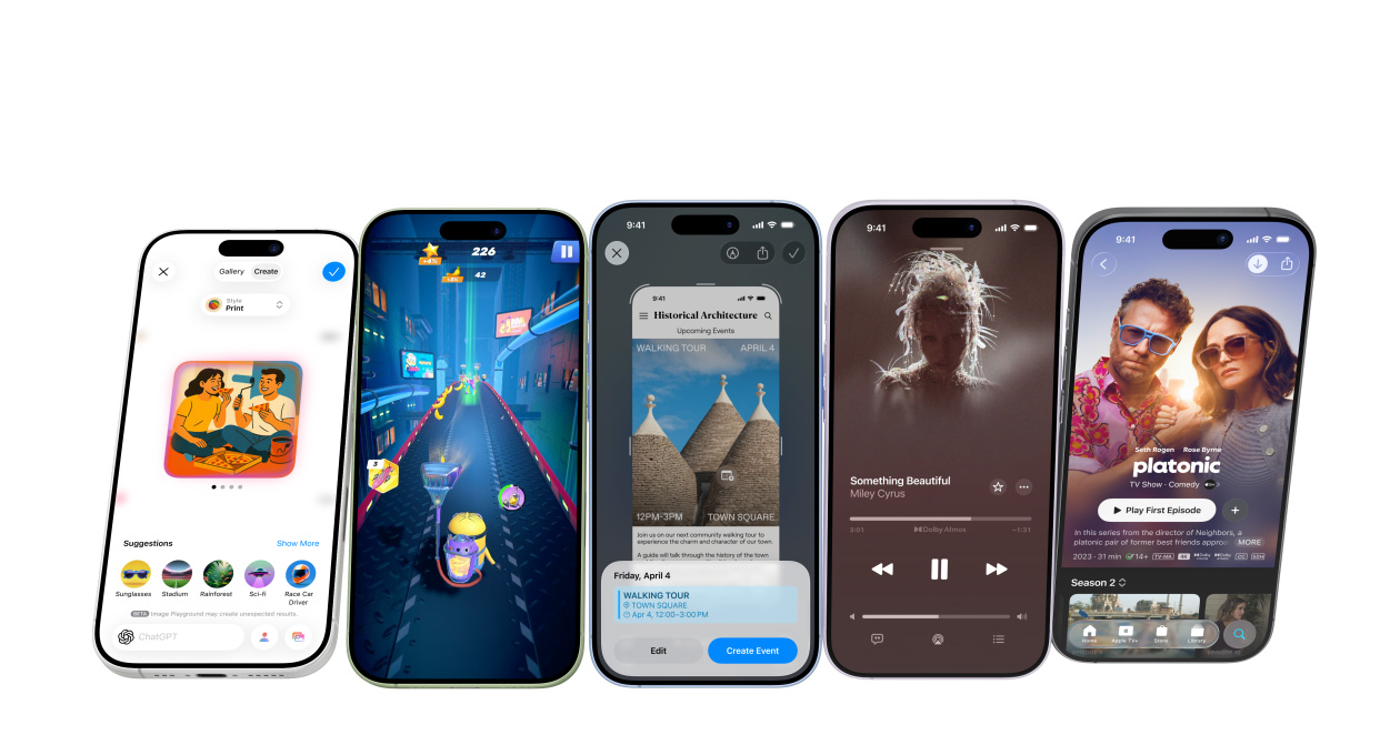 iPhone 17 devices in different colors, screens showing various apps