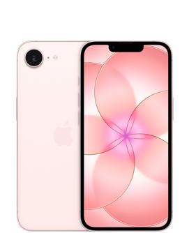 iPhone 17e, πίσω όψη, απαλό ροζ χρώμα, κάμερα Fusion πάνω αριστερά, το λογότυπο της Apple στο κέντρο, πρόσοψη, απαλό ροζ χρώμα, οθόνη από άκρη σε άκρη
