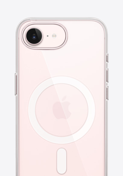 Achterkant van iPhone 17e in de kleur zachtroze, doorzichtig hoesje met MagSafe, Fusion-camera bovenin, Apple logo in het midden