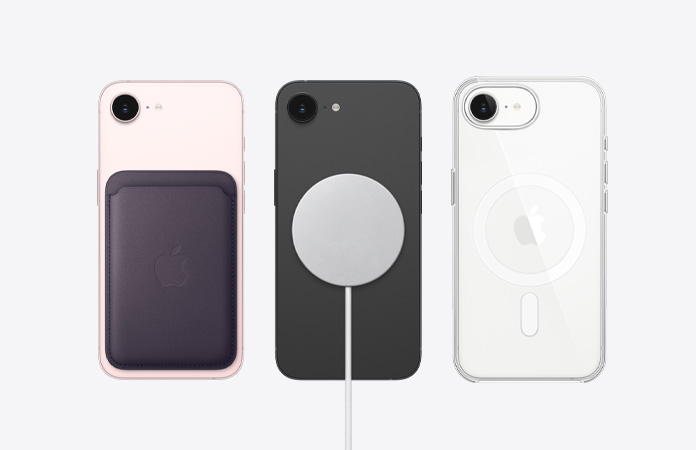 Achterkant van iPhone 17e met MagSafe-accessoires eraan vast