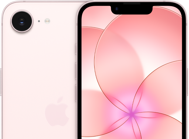 Voorkant van iPhone 17e in de kleur zachtroze, gedeeltelijke weergave van achterkant van iPhone 17e met de camera