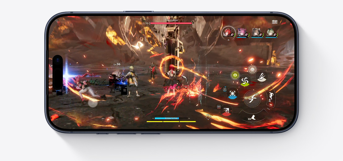 iPhone 17 Pro, esikülg, näitab A19 Pro kiibi võimekust kaadriga Arknights: Endfield videomängust