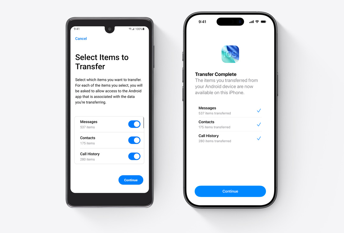 Kõrvuti, Androidi ekraanil Move to iOS rakendus, iPhone-i ekraanil Move to iOS rakendus