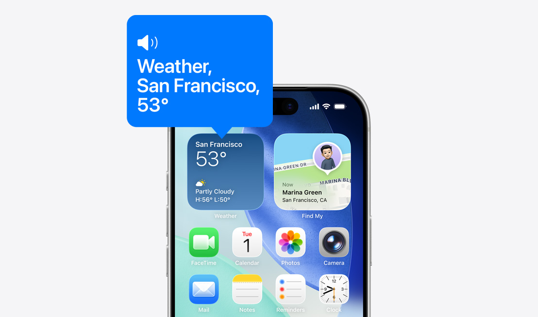 iPhone'i avakuva, VoiceOver kirjeldab valjusti ilmavidina ikooni