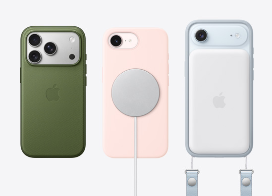 Kõrvuti, uued iPhone'i mudelid, mis näitavad tarvikuid nagu TechWoven ümbris MagSafe'iga, MagSafe laadija, MagSafe aku ja Crossbody rihm