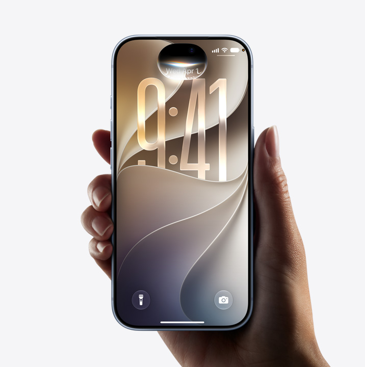 Hand holding iPhone 17 showing all-screen display, lock screen showing Liquid Glass border