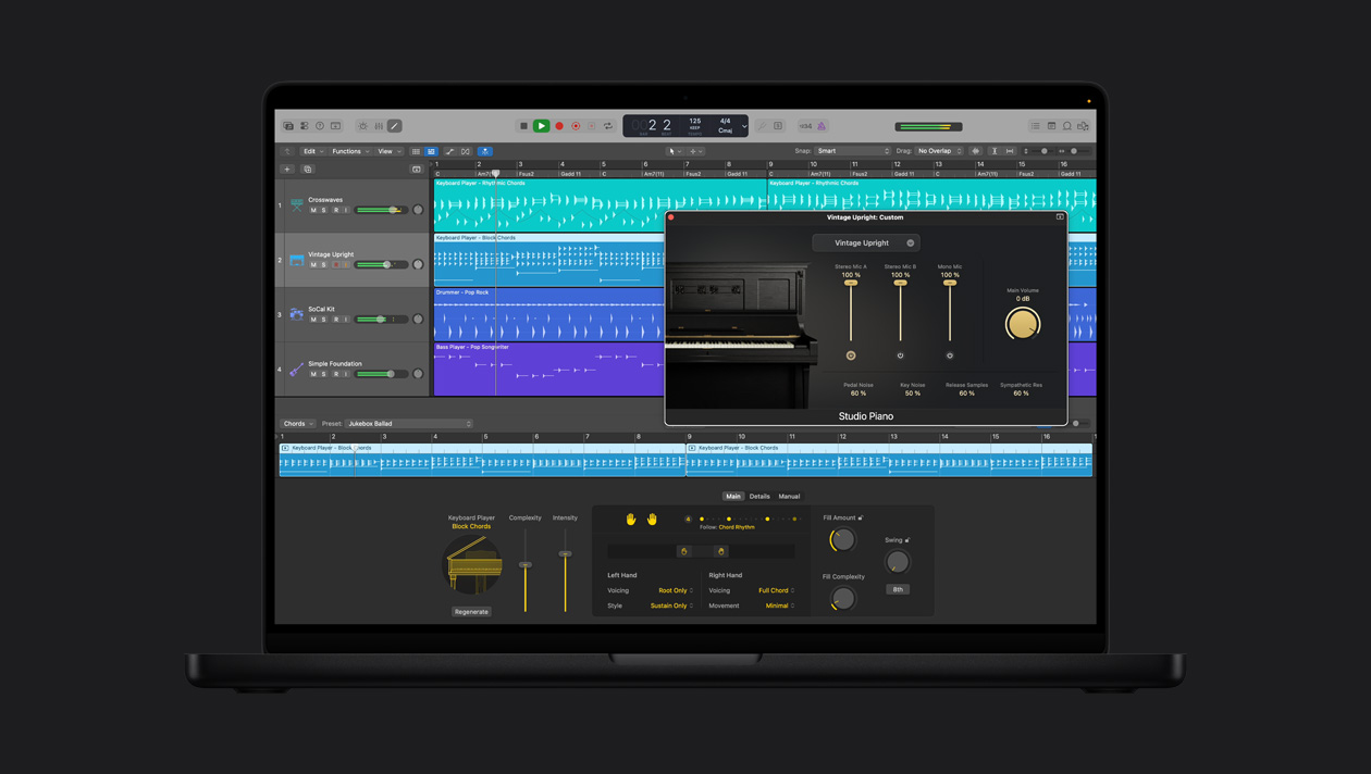 MacBook Pro 16 screen showing Synth Player, Vintage Upright, Custom window is open with Studio Piano controls, to the left are rows for Crosswaves, Vintage Upright, SoCal Kit, Simple Foundation, at the bottom is Keyboard Player Rhythmic Chords controls