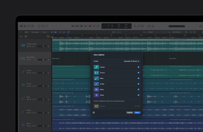 MacBook Pro 16 screen showing module for Stem Splitter, stems for vocals, bass, guitar, drums, piano and others