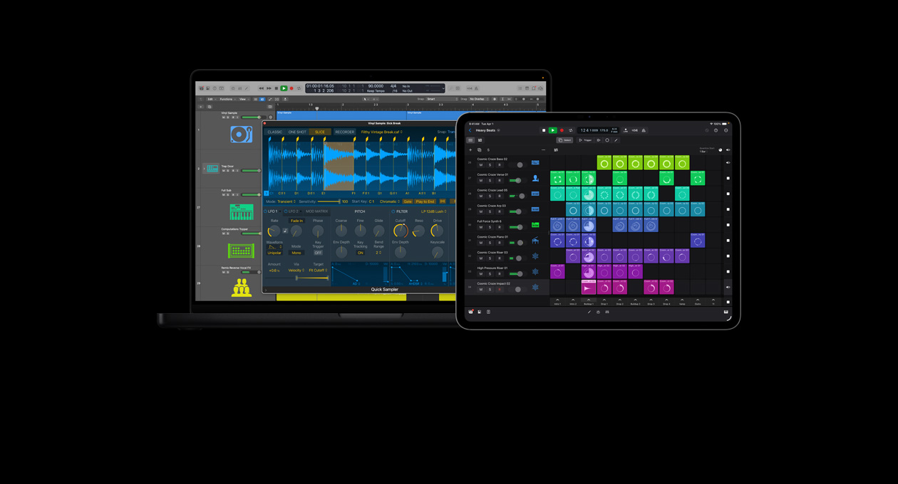 MacBook Pro 16 screen showing quick sampler module, vinyl sample, audio wave forms and controls, iPad Pro 13 screen showing beat making tools, colourful grid of live loops and phrases