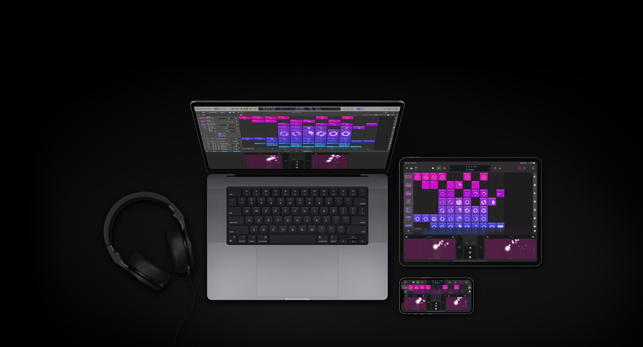 MacBook Pro 16, iPad Pro 13, iPhone 16 screens show Logic Pro mixing board with purple and pink squares representing different audio layers and sounds, headphones to the left of devices