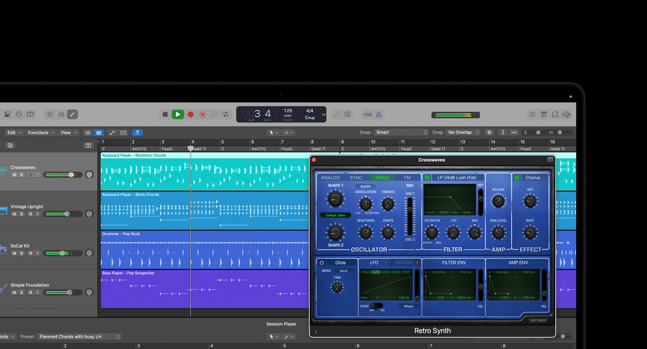 MacBook Pro 16 screen retro synth designer module with controls for oscillators, filters, amps and effects