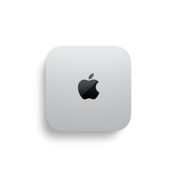 Mac mini, top, dimensions marked as 12.7cm on left and bottom of device, silver aluminium, square, rounded corners, glossy black Apple logo centred