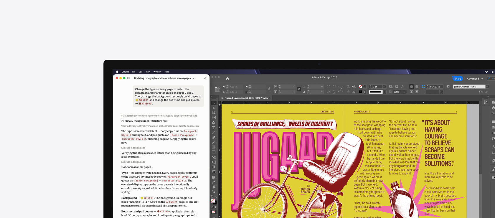 Adobe InDesign 2026, generative prompt used in second window to design a poster