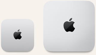 Two Mac mini devices, top, silver aluminium, rounded corners, glossy black Apple logo centred, device on left is updated release and less than half the size of device on right
