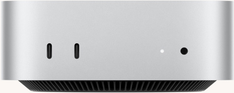 Mac mini, front, two Thunderbolt ports, status indicator light and headphone jack, tapered black base at bottom, flat top, rounded sides, straight edges, silver colour