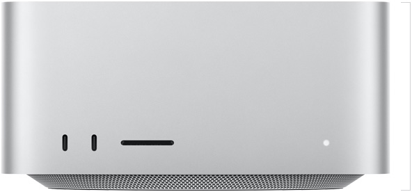 Mac Studio, front, two USB-C ports, SDXC card slot, status indicator light, tapered base at bottom, flat top, rounded sides, straight edges, Silver colour