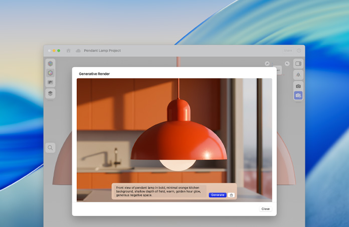 Écran d’Image Playground avec l’image d’une lampe suspendue et du texte généré par l’IA