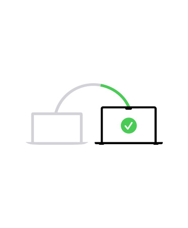 Illustration of two laptops connected by line, second shows green tick onscreen indicating migration process is complete